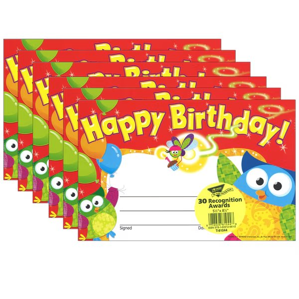 Happy Birthday Owl-Stars® Recognition Awards, PK180, Trend Enterprises, Mfr#: T81044